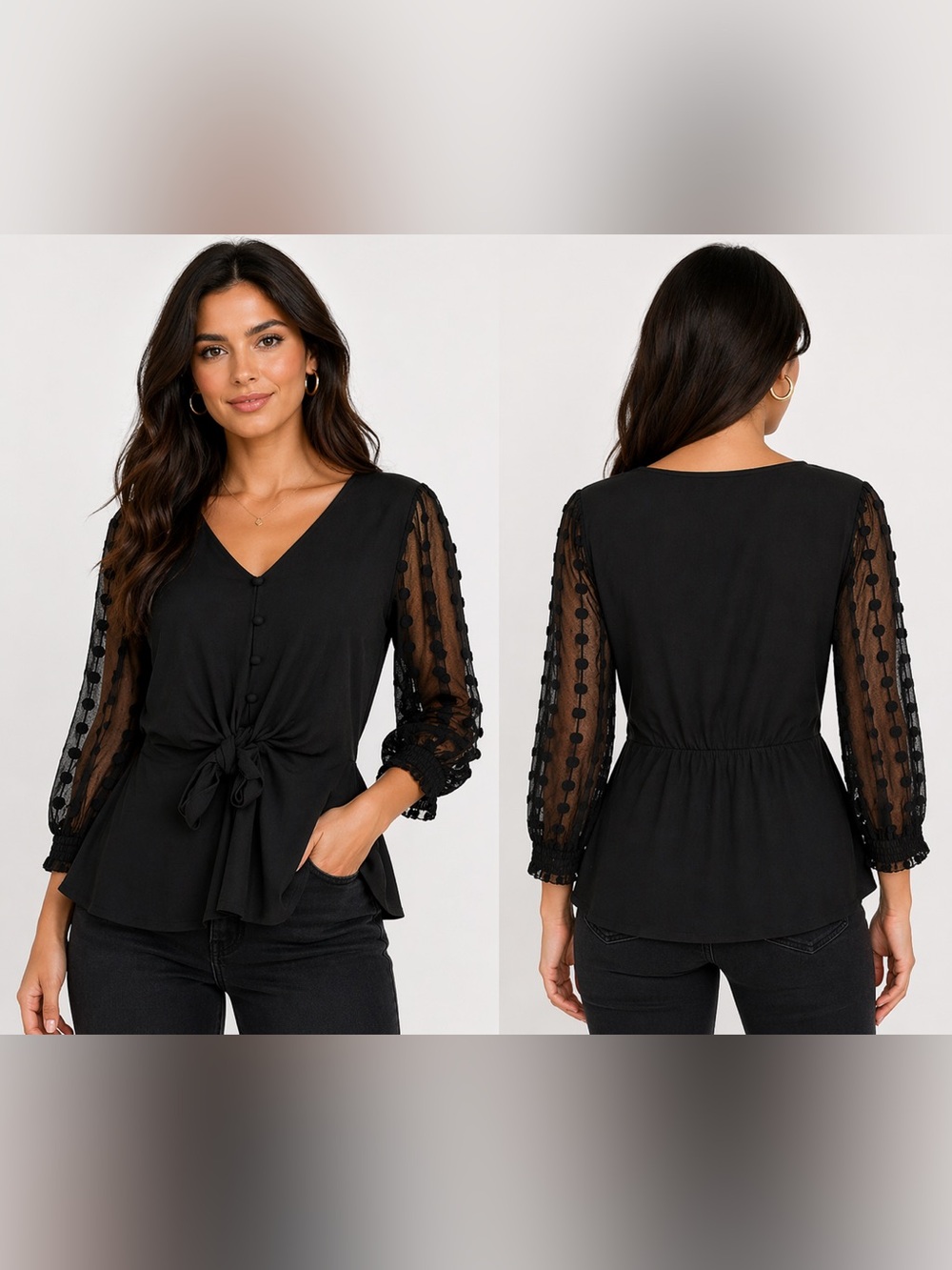 Fifty Street Chic Black V-Neck Blouse with Tie Front